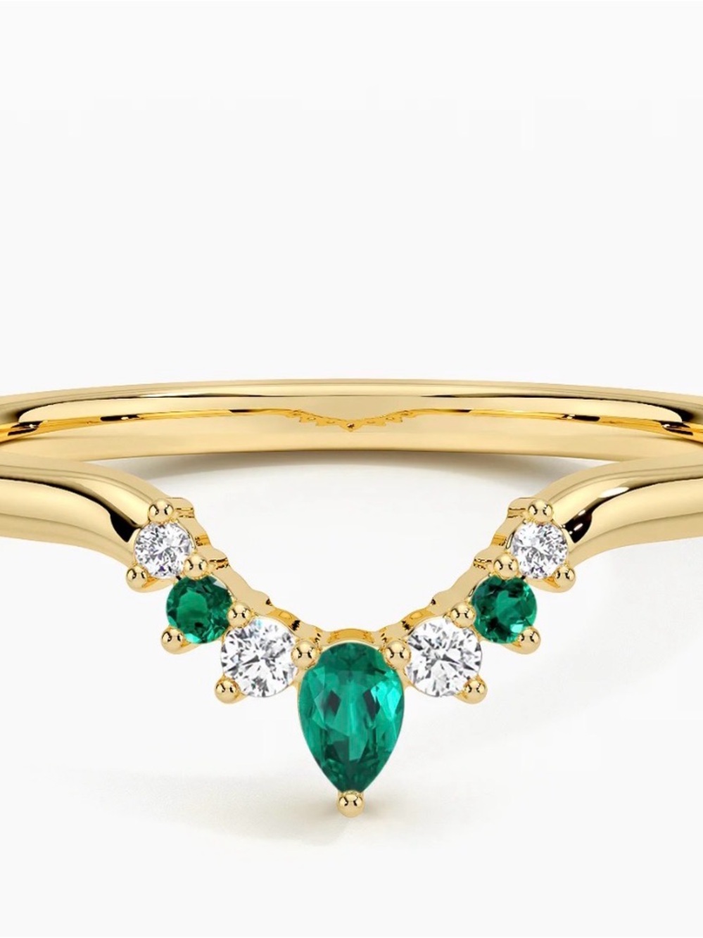 Gold V-Contour Ring with Pear Emerald & White Crystals